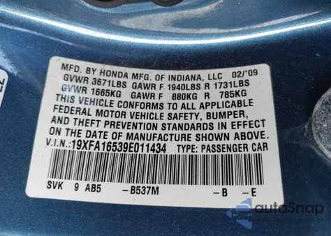 2009 Honda Civic Lx from USA, damaged, VIN 19XFA16539E011434